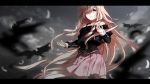  animal bird clouds feathers grey_sky ia_(vocaloid) letterboxed pleated_skirt skirt solo very_long_hair vocaloid wind yuuki_kira 
