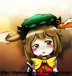  animal_ears blush brown_hair carrot cat_ears cat_tail chen crying crying_with_eyes_open earrings hands hat insertion jewelry multiple_tails mushroom short_hair solo tail tears touhou triplespearmint 