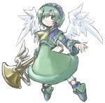  blush boots child dress flat_chest green_eyes green_hair kugelschreiber luminous_arc open_mouth sadie short_hair simple_background solo trumpet white_background wings 
