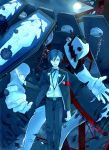  arisato_minato armband blue_eyes blue_hair chain chains digital_media_player evoker gun headphones highres male persona persona_3 school_uniform short_hair solo thanatos weapon 