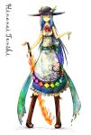 blue_hair bow character_name cross-laced_footwear food frills fruit hat hinanawi_tenshi leaf long_hair long_skirt open_mouth peach red_eyes simple_background skirt sleeveless solo sword sword_of_hisou taku-012 touhou very_long_hair wink