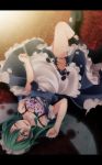  absurdres aqua_eyes aqua_hair fairy_maid fairy_wings green_eyes green_hair highres injury kneehighs letterboxed lying maid maid_headdress on_back open_mouth s-syogo scratches slit_pupils solo tears torn_clothes touhou upside-down wince wings wink 