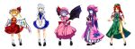  bat_wings blonde_hair blue_eyes blue_hair book bow braid clenched_hands crescent flandre_scarlet hand_on_hip hat highres hips hong_meiling izayoi_sakuya long_hair maid maid_headdress multiple_girls open_mouth patchouli_knowledge purple_eyes purple_hair red_hair redhead remilia_scarlet ruuto_(sorufu) side_ponytail silver_hair sorufu star touhou twin_braids violet_eyes white_background wings wrist_cuffs yellow_eyes 