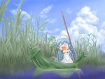  blue_hair blush boat bracelet chibi cloud clouds grass ikamusume jewelry mini-ikamusume minigirl oniyan pole rock shinryaku!_ikamusume sky water 