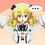  1girl blonde_hair blush can cato_(monocatienus) chestnut_mouth dress drill_hair fairy_wings hat long_sleeves luna_child monocatienus open_hand pink_background red_eyes ribbon short_hair solo sunny_milk touhou white_dress wide_sleeves wings 