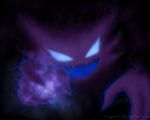  aura black_background epic evil evil_smile fangs ghost haunter kerasu no_humans open_mouth pointing pointing_at_viewer pokemon purple realistic ricegnat shiny_pokemon signature smile solo watermark web_address 