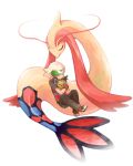  child creature eyes_closed feebas fingerless_gloves fish gloves hat holding milotic pants pokemon pokemon_special ruby_(pokemon) shishamo short_sleeves sitting tail 