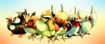  &gt;:) &gt;:d bird brown_eyes commentary gradient gradient_background head_tilt hoothoot looking_at_viewer looking_away no_humans open_mouth pidgey pidove pokemon pokemon_(creature) red_eyes sa-dui smile spearow standing starly swellow taillow yellow_eyes yelow_eyes 