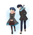  1girl black_hair blue_hair braid couple earmuffs lum10 pantyhose ranma_1/2 saotome_ranma scarf school_uniform short_hair single_braid tendou_akane 