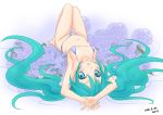  2012 :o aqua_eyes aqua_hair armpits arms_up bikini blush dated hatsune_miku long_hair looking_at_viewer lying minazuki_itto navel open_mouth side-tie_bikini solo swimsuit thigh_gap thighs twintails very_long_hair vocaloid 