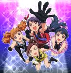  ageha_mia arm_up bare_shoulders brown_hair calpara elbow_gloves gloves highres miyama_reina multiple_girls ooruri_ayami open_mouth ponytail pretty_rhythm pretty_rhythm_dear_my_future purple_eyes purple_hair red_eyes shijimi_karin shorts skirt sleeveless twintails violet_eyes yellow_eyes 