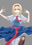  alice_margatroid blonde_hair blue_eyes capelet cross-laced_footwear frills hairband hibino_nozomu long_skirt necktie open_mouth outstretched_arms romio short_hair simple_background skirt solo thigh-highs thighhighs touhou 