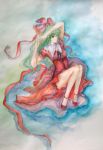  alternate_hairstyle bow dress fforda green_hair hair_bow hair_ornament hair_ribbon kagiyama_hina long_hair red_dress red_eyes ribbon shoes solo touhou traditional_media water watercolor_(medium) 