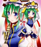  blush dokanmania frills green_hair hat long_sleeves miniskirt open_mouth rod rod_of_remorse shikieiki_yamaxanadu short_hair skirt smile touhou wide_sleeves 