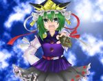  alternate_eye_color cloud clouds frills green_hair grey_eyes hat highres long_sleeves monrooru open_mouth rod rod_of_remorse shikieiki_yamaxanadu short_hair silver_eyes sky solo sun touhou 