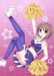  brown_hair cheerleader ikeda_yuuki midriff no_bra original pom_poms short_hair skirt solo thigh-highs thighhighs yellow_eyes 