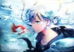  1girl blue_eyes bottle_miku bubble fish goldfish hatsune_miku hobak liquid_hair school_uniform serafuku underwater vocaloid 