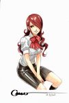  between_legs bow dated hair_over_one_eye hand_between_legs invisible_chair kirijou_mitsuru long_hair marker_(medium) omar_dogan persona persona_3 red_eyes red_hair redhead school_uniform signature simple_background sitting skirt smile solo traditional_media 