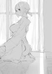  1girl breasts character_request copyright_request curtains greyscale highres houden_eizou huge_breasts lineart monochrome payot seiza short_twintails sitting solo twintails 