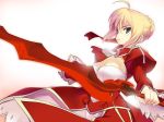  aestus_estus ahoge azu azu-lite backlighting blonde_hair breasts cleavage dress epaulettes fate/extra fate_(series) green_eyes hair_ribbon large_breasts looking_at_viewer ribbon saber_extra simple_background solo sword weapon white_background 