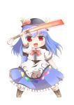 blue_hair blush bow chibi cross-laced_footwear dnk food frills fruit hat highres hinanawi_tenshi leaf long_hair long_skirt open_mouth peach red_eyes short_sleeves simple_background skirt solo sword sword_of_hisou touhou weapon