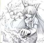  bow fire fujiwara_no_mokou graphite_(medium) hair_bow iroha_(nullpo) long_hair long_sleeves millipen_(medium) monochrome smirk solo touhou traditional_media 