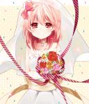  alternate_hairstyle blush bouquet dress flower hair_down hetaling holding kaname_madoka mahou_shoujo_madoka_magica pink_hair red_eyes ribbon shin_(hetaling) smile solo striped striped_ribbon wedding_dress 