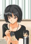  amagami black_hair blush blush_stickers brown_eyes casual concentrating doll holding jar jewelry kokeshi murasaki_iro nanasaki_ai necklace paintbrush painting short_hair solo t-shirt window 