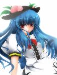  blue_hair blush bow bunchin_(siso_junzy) food fruit hat highres hinanawi_tenshi leaf long_hair open_mouth peach red_eyes short_sleeves simple_background solo touhou very_long_hair 