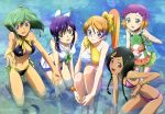  absurdres aquarion_(series) aquarion_evol barefoot bikini black_hair blue_eyes bow breasts brown_eyes cleavage flat_chest glasses green_eyes green_hair hair_bow hair_ornament hairclip highres legs looking_at_viewer mikono_suzushiro mix_(aquarion) multicolored_hair multiple_girls navel nyantype official_art open_mouth orange_hair ponytail purple_hair sazanka_bianca short_hair smile swimsuit twintails water yunoha_thrul zessica_wong 