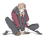  blush bow brown_hair couple female_protagonist_(persona_3) hug hug_from_behind lowres persona persona_3 persona_3_portable red_eyes ribbon school_uniform sitting trench_coat 