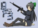  alternate_costume assault_rifle battlefield_(series) battlefield_3 belt bespectacled black_hair black_legwear blush bow finger_on_trigger glasses gun hair_bow i_b_b_e long_hair m16 pink_eyes reiuji_utsuho rifle sitting smile solo thigh-highs thighhighs touhou trigger_discipline very_long_hair weapon 