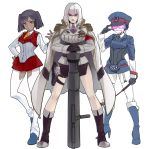  3girls balalaika bazooka boots corset dark_skin dress female genderswap high_heels long_coat medal megatron military military_uniform miniskirt multiple_girls personification red_eyes short_dress skirt souijou soundwave starscream transformers uniform weapon whip white_hair 