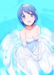  bare_shoulders blue blue_background blue_eyes blue_hair breasts cleavage dress elbow_gloves flower from_above gloves hair_flower hair_ornament looking_up mahou_shoujo_madoka_magica miki_sayaka misada short_hair smile solo wedding_dress 