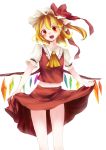  :d ascot blonde_hair blush fang flandre_scarlet hat highres itak69 long_hair open_mouth red_eyes side_ponytail simple_background skirt skirt_hold skirt_set smile solo touhou white_background wings 