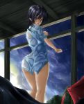  7ban black_hair blush cloudy_sky looking_at_viewer naked_shirt open_mouth pointy_ears red_eyes shameimaru_aya short_hair sleeves_pushed_up solo touhou turning wet wet_clothes wet_shirt 
