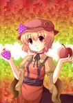  aki_minoriko apple blonde_hair choker dress food fruit grapes hat hori_daikon leaf red_eyes short_hair solo touhou 