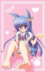  animal_ears barefoot blue_hair blush bow cat_ears feet food fruit heart highres hinanawi_tenshi leaf long_hair panties peach red_eyes short_sleeves simple_background sitting smile solo striped striped_panties syrup takatsuki_satoshi toe_scrunch tongue touhou underwear very_long_hair 