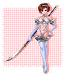  boots breasts brown_hair cleavage elbow_gloves female_protagonist_(persona_3) gloves high-cut_armor naginata navel persona persona_3 persona_3_portable polearm pose red_eyes solo thigh-highs thigh_boots thighhighs weapon 
