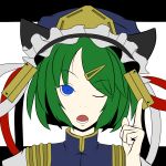  blue_eyes frills green_hair hair_ornament hairpin hat highres open_mouth sanatan shikieiki_yamaxanadu short_hair solo touhou wink 