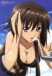  absurdres adjusting_hair belt bent_over breasts brown_hair cleavage cloud drinking drinking_fountain hanging_breasts highres itou_katsunobu large_breasts long_hair looking_at_viewer megami muvluv muvluv_alternative muvluv_total_eclipse navel official_art open_mouth purple_eyes sky solo takamura_yui violet_eyes 