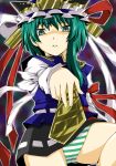  frills green_eyes green_hair hat long_sleeves miniskirt panties rod rod_of_remorse shikieiki_yamaxanadu short_hair shouji_2 skirt solo striped striped_panties touhou underwear 