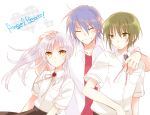  2boys alternate_costume angel_beats! blue_hair green_eyes green_hair harmonia hinata_(angel_beats!) long_hair multiple_boys naoi_ayato ponytail school_uniform short_hair silver_hair tachibana_kanade yellow_eyes 