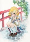  arm_warmers blonde_hair breasts cleavage full_body green_eyes hands_on_own_face leaf leg_warmers mizuhashi_parsee off_shoulder open_mouth pinkxxxna pointy_ears shoes short_hair sitting skirt solo squatting tears touhou traditional_media watercolor_(medium) 