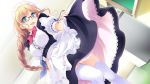  1girl astraythem blonde_hair blue_eyes braid breasts game_cg ginta glasses long_hair maid open_mouth skirt_lift solo thighhighs 