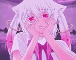  gasai_yuno hands_on_own_cheeks hands_on_own_face kyubey mahou_shoujo_madoka_magica personification red_eyes solo white_hair yandere_trance 