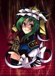  bow bust green_eyes green_hair hat inuinui long_sleeves rod rod_of_remorse shikieiki_yamaxanadu short_hair smile solo touhou 