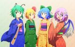  alternate_costume antennae bird_wings blonde_hair blue_eyes blue_hair bow cato_(monocatienus) cirno earrings flower gradient gradient_background green_eyes green_hair hair_bow hair_flower hair_ornament hair_ribbon japanese_clothes jewelry kimono long_sleeves looking_at_viewer monocatienus multiple_girls mystia_lorelei no_hat no_headwear obi open_mouth pink_hair pocky red_eyes ribbon rumia smile team_9 touhou wide_sleeves wings wink wriggle_nightbug 