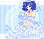  bare_shoulders blue blue_dress blue_eyes blue_hair blue_rose blush breasts bride character_request cleavage doily dress empoleon flower gloves hands_clasped happy personification pochihonya pokemon puffy_sleeves rose short_hair smile solo sparkle striped striped_background twintails v_arms veil wedding_dress 