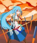  alternate_weapon blue_hair cloud clouds cross-laced_footwear dual_wielding field_of_blades highres hinanawi_tenshi long_hair necktie red_eyes short_sleeves sky solo soudayu sword sword_of_hisou touhou very_long_hair weapon 